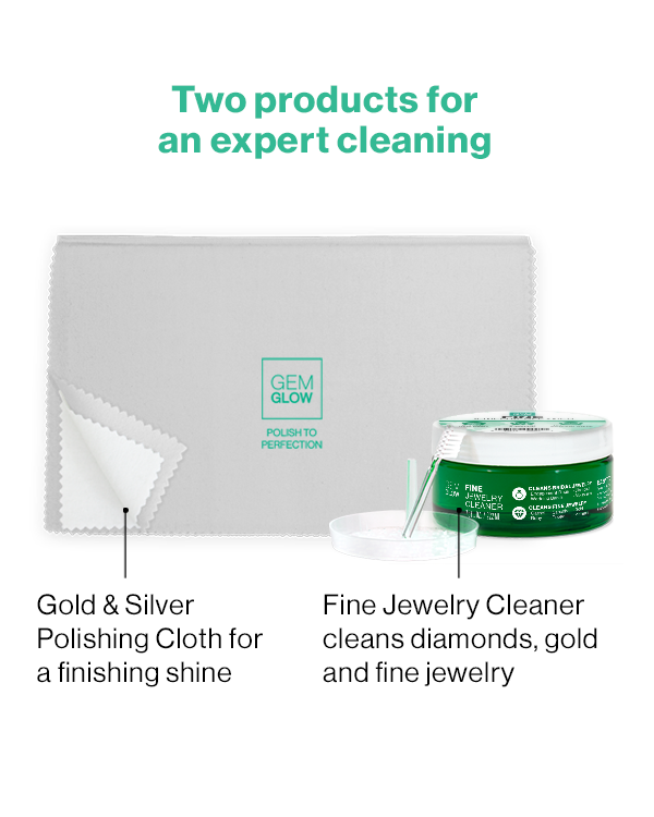 Fine Jewelry Cleaner and Gold & Silver Polishing Cloth with callouts