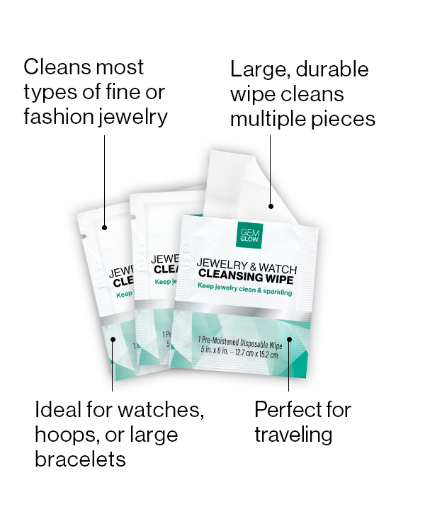 Three Jewelry & Watch Cleansing Wipes with callouts