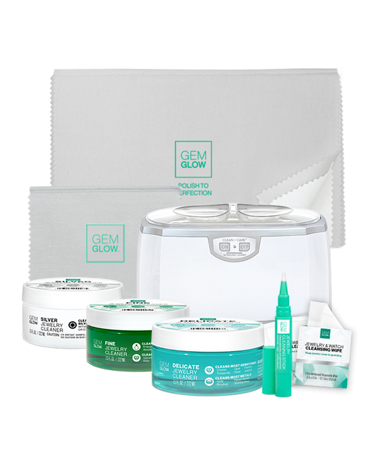 Complete Pro Care System including a jar of Delicate, Fine, and Silver Jewelry Cleaner, Jewelry Cleaning Stick, Jewelry & Watch Cleansing Wipes, Professional Ultrasonic Machine, and two Gold & Silver Polishing Cloths