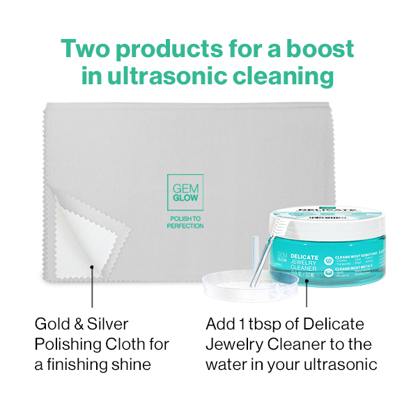 Gem Glow Ultrasonic Accessories showing a polishing cloth and delicate jewelry cleaner