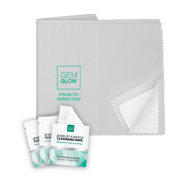 Gem Glow Watch Cleaning Kit with polishing cloth and jewelry cleaning wipes